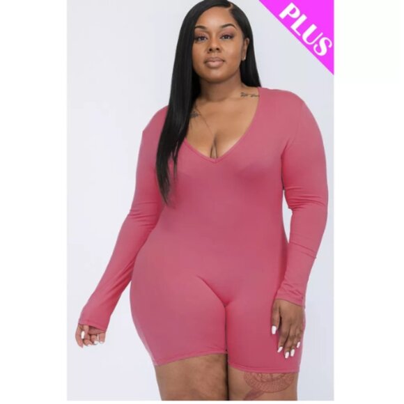 Women’s Plus Size V-Neck Bodycon Romper, Long Sleeves, Soft and Stretchy Size 1X - Picture 1 of 2